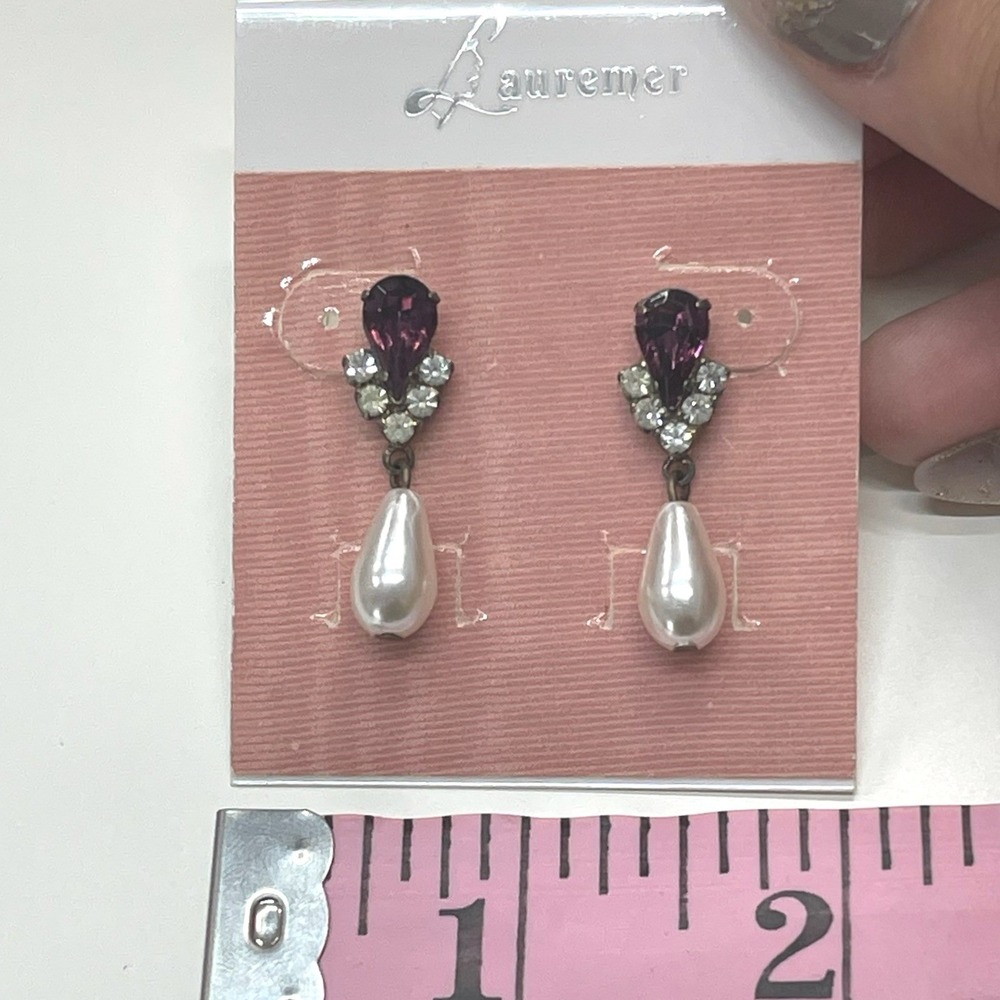Lauremer Purple Rhinestone Faux Pearl Drop Earrings Silver Tone Vintage Style